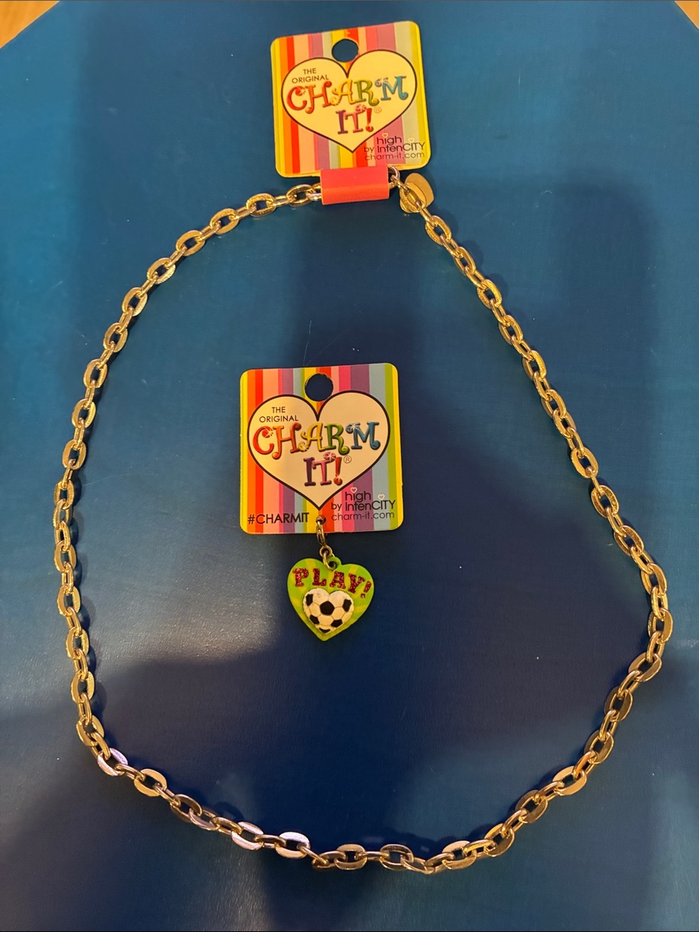 Chain Necklace with Green 'Play' Heart Soccer Charm by charm it